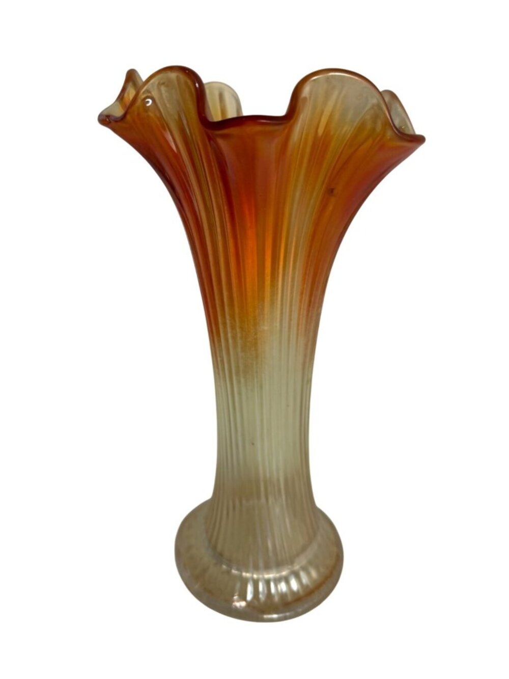 Vintage Amberina Carnival Glass Ruffled Vase Fine Rib Design Iridescent 11"